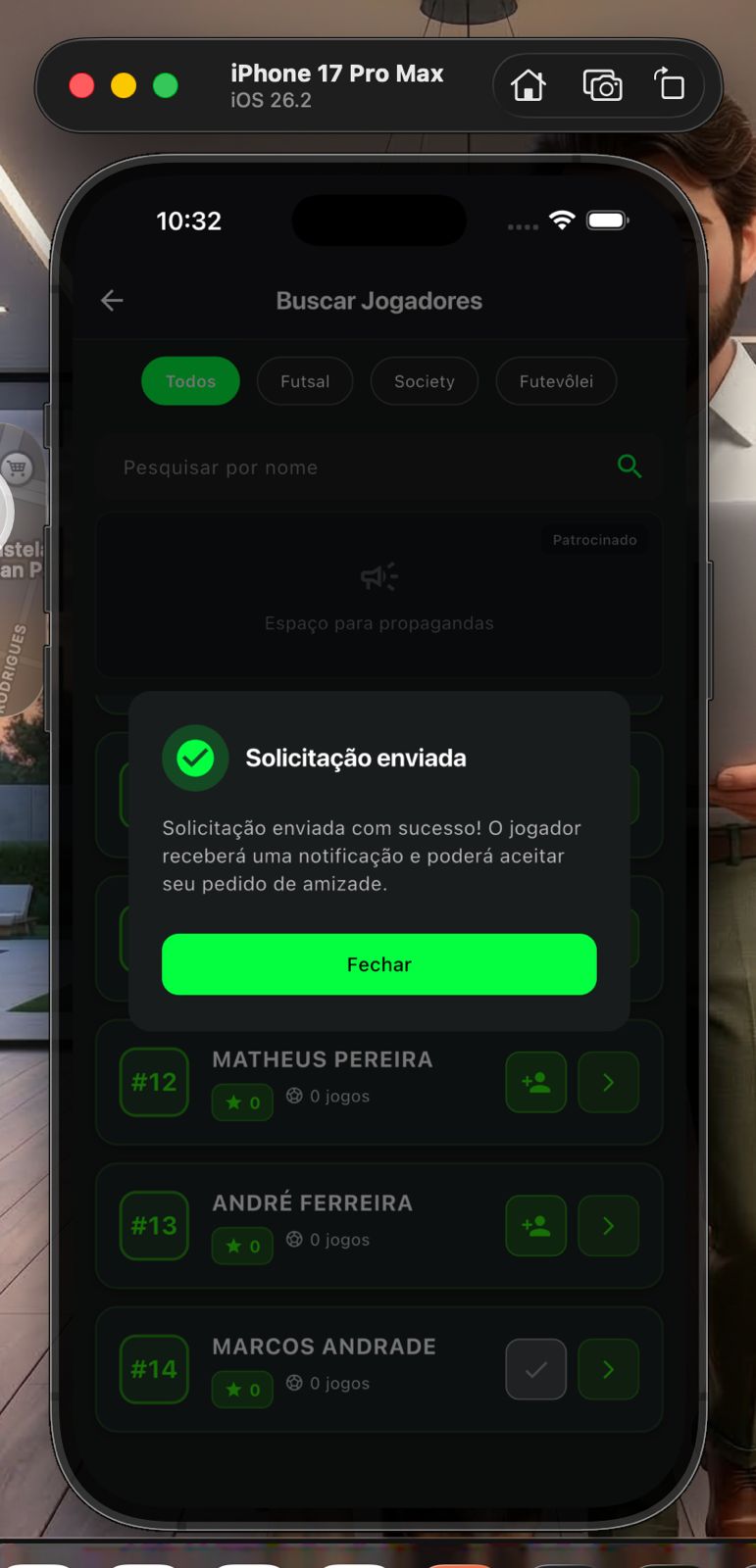 Funcionalidade de amizades no iSoccer