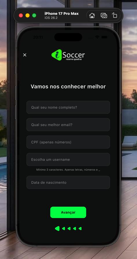 Tela de cadastro de usuário no iSoccer