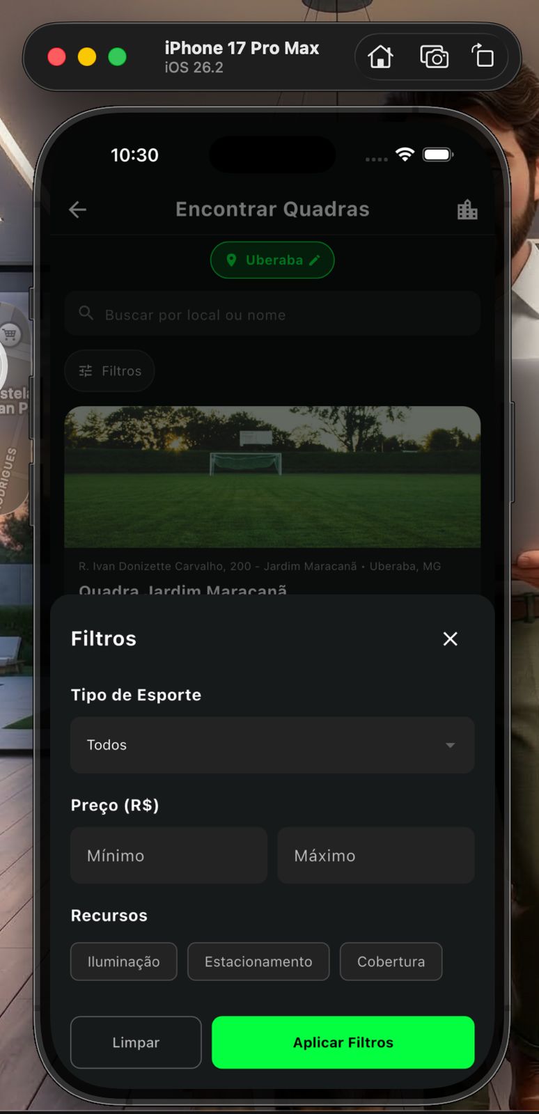 Filtros da lista de quadras no iSoccer