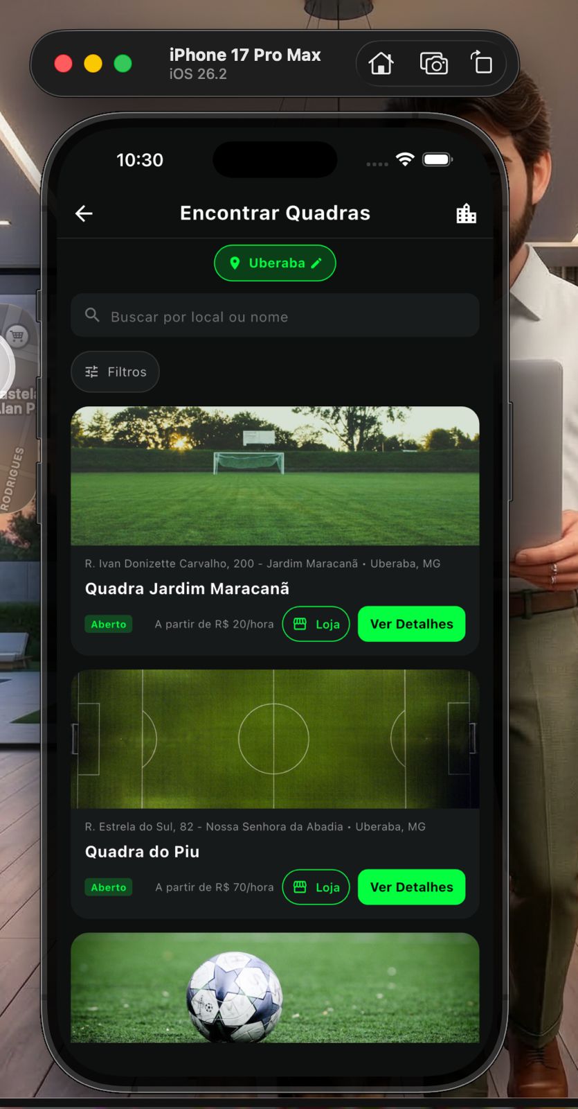 Lista de quadras disponíveis no iSoccer