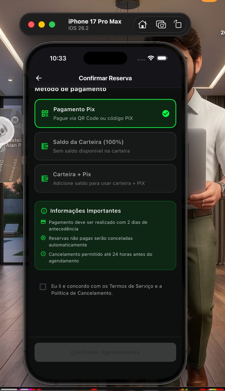 Tela de pagamento e agendamento no iSoccer